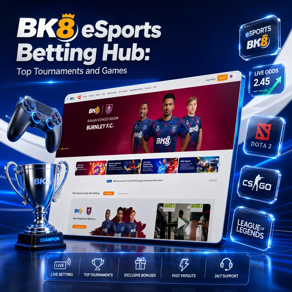 BK8 eSports betting hub featuring live odds and streaming for MLBB, Dota 2, LoL, CS2, Valorant, and PUBG Mobile tournaments.