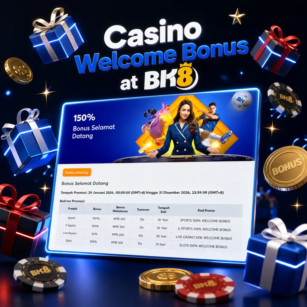 BK8 casino welcome bonus: 288% up to MYR 2,880 or 150% up to MYR 300, 30x wagering, 7 days, slots count 100%