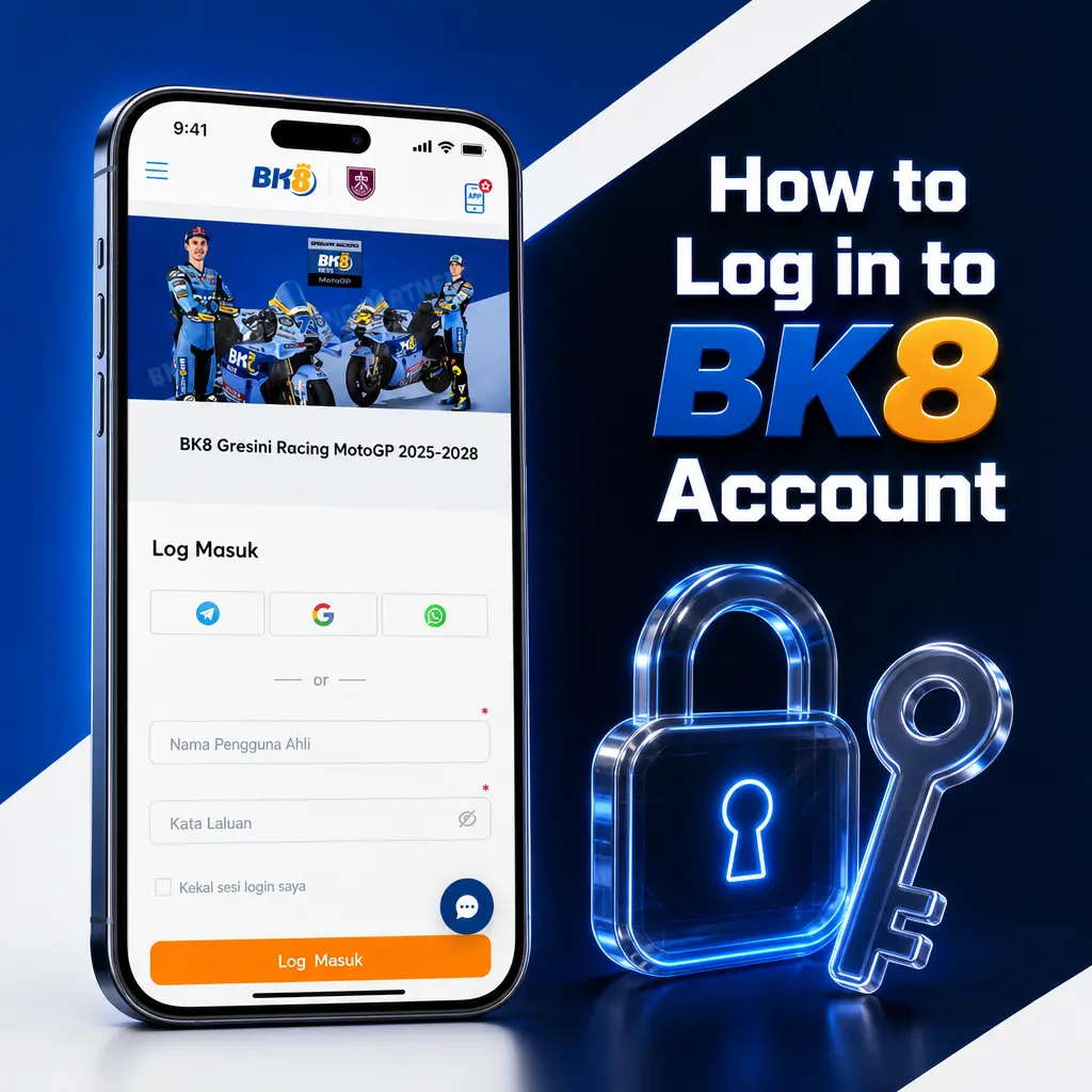 Step-by-step guide showing how to log in to a BK8 account using mobile number, password, and OTP verification.
