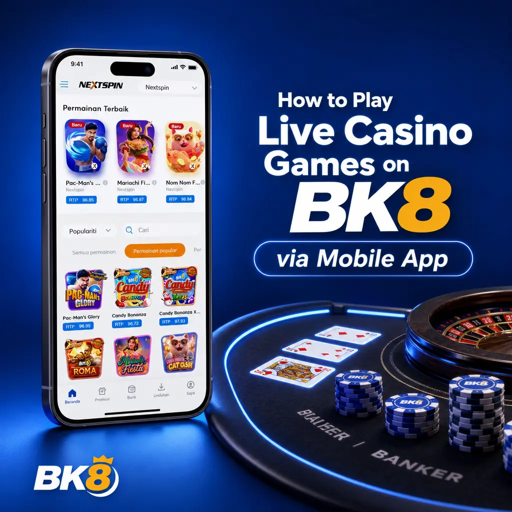 Guide to playing BK8 live casino games on mobile app, showing login, table selection, and betting steps.
