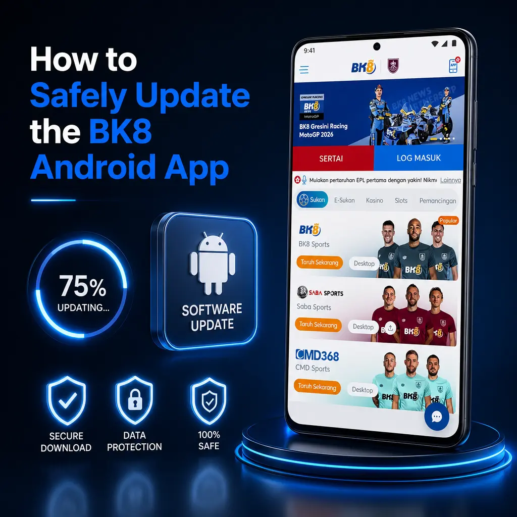 Steps to safely update the BK8 Android app, showing how to check, download, and install the latest APK version.