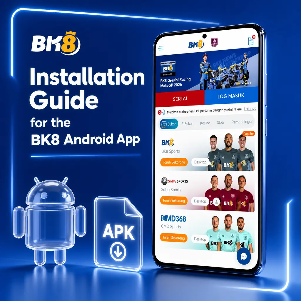 Step-by-step guide showing how to download, install, and log into the BK8 Android app using an APK file.