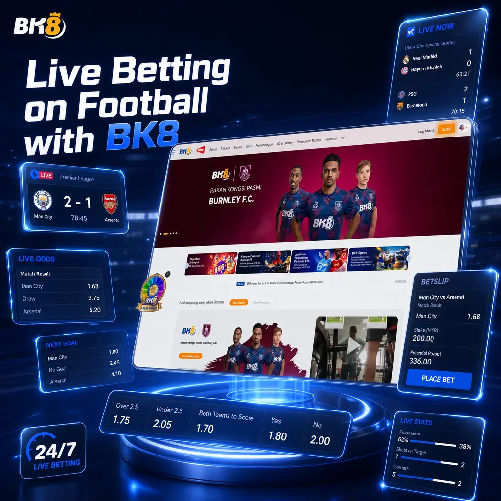BK8 live football betting screen showing real-time odds, cash out option, and match statistics during a match.
